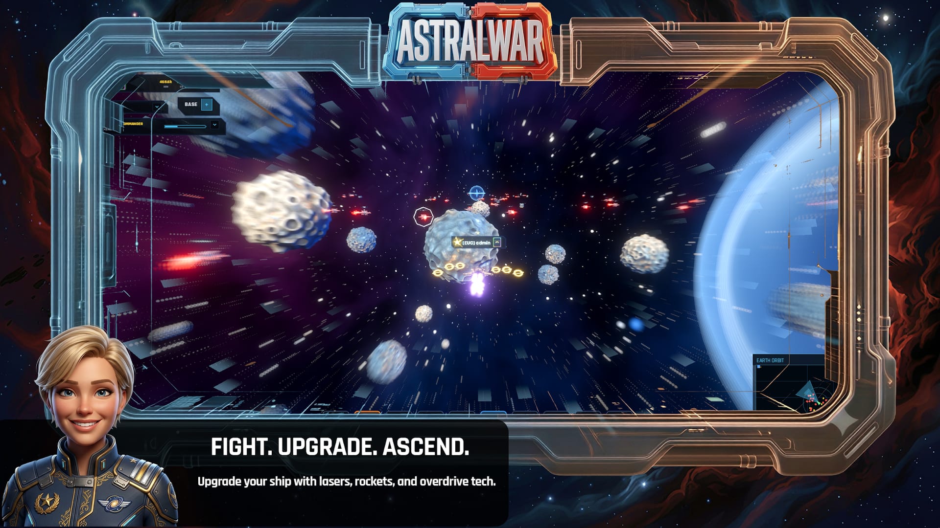 Astral War promotional image: a player ship firing tracer rounds through an asteroid field in deep space, captioned "Fight. Upgrade. Ascend."