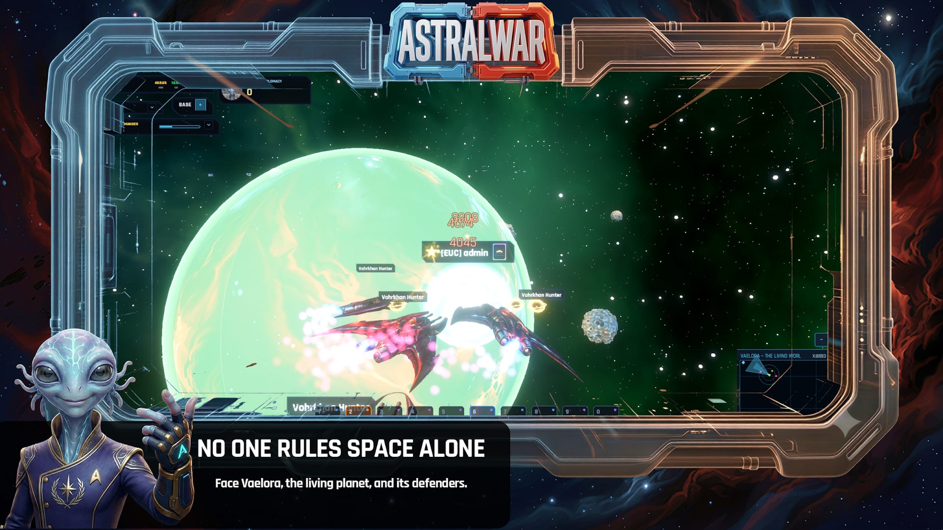 A ship in combat above Voelora, a green living planet, with an alien character in the caption bar reading "No One Rules Space Alone".