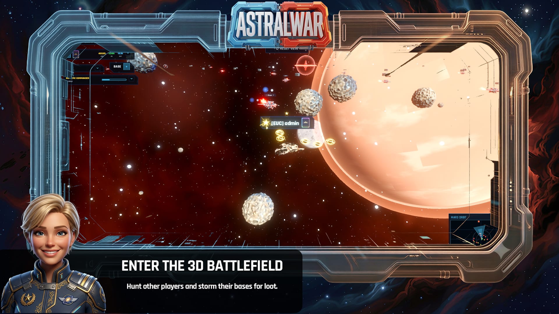 Ships and asteroids drifting in front of a large red planet in the Astral War 3D battlefield, captioned "Enter the 3D Battlefield".