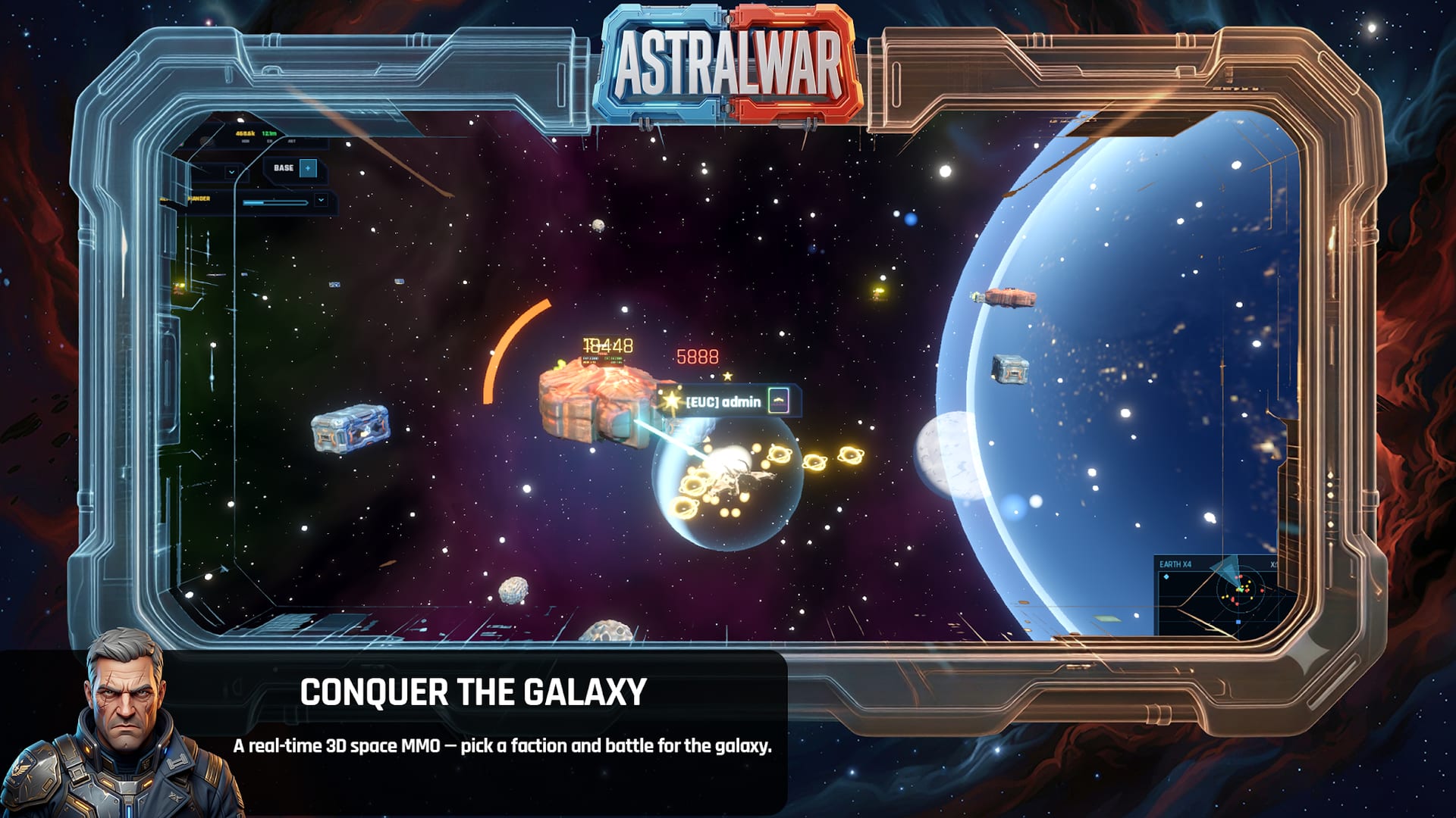 Astral War combat near a blue planet, with damage numbers above an enemy ship and a captioned banner reading "Conquer the Galaxy".